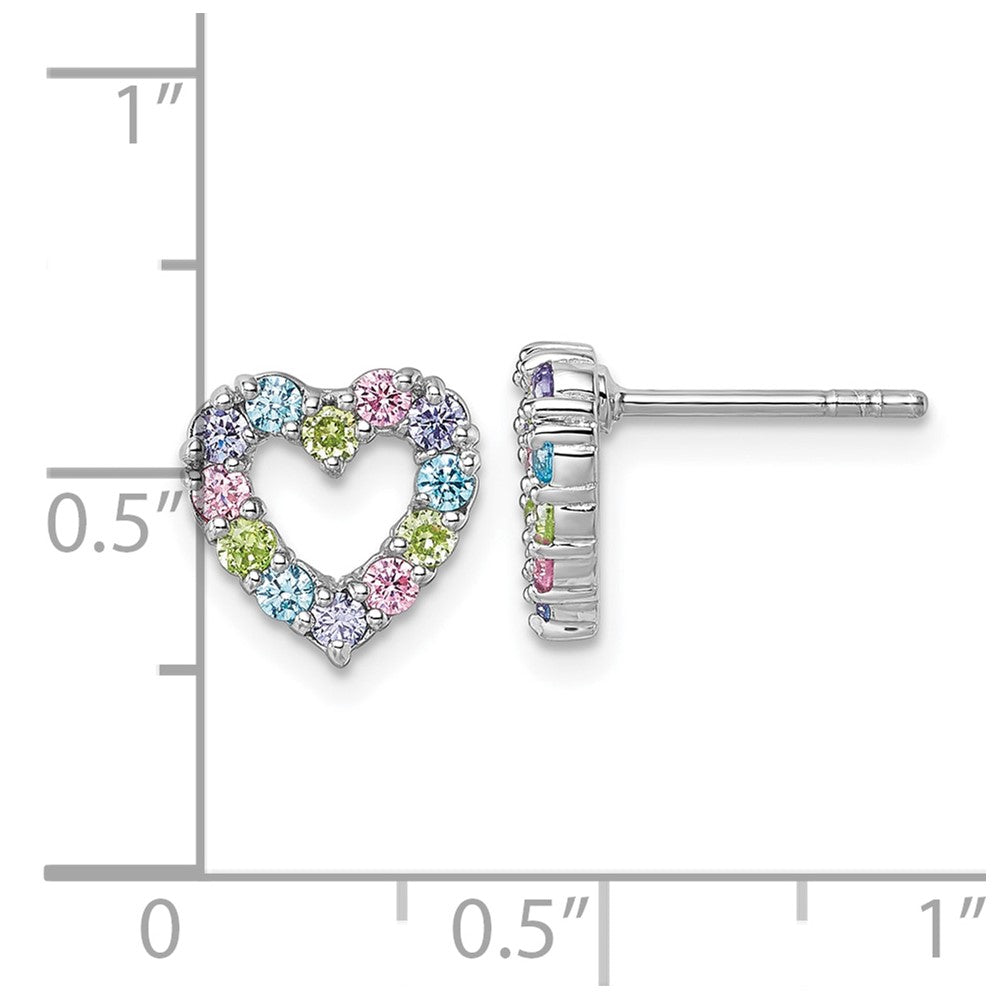 Sterling Silver Rhodium-Plated Multi Color CZ Heart Post Earrings