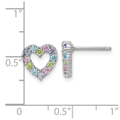 Sterling Silver Rhodium-Plated Multi Color CZ Heart Post Earrings