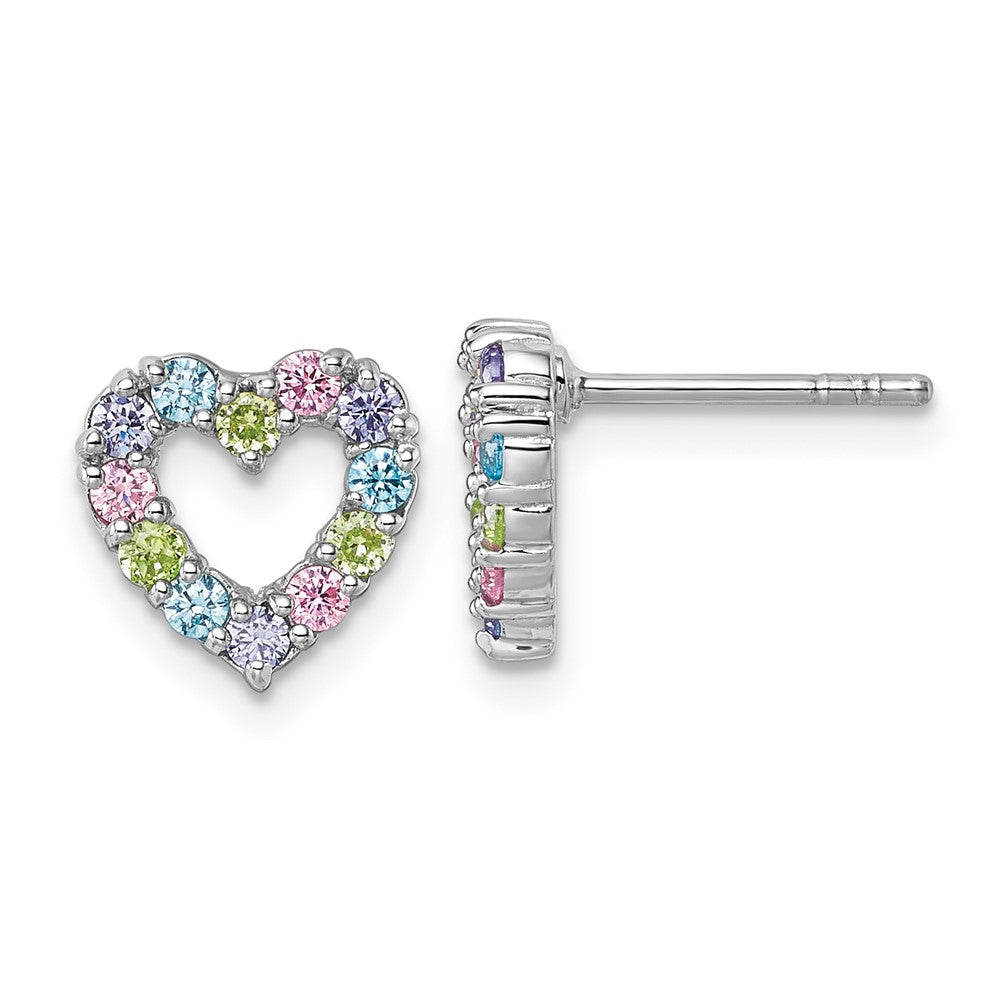 Sterling Silver Rhodium-Plated Multi Color CZ Heart Post Earrings