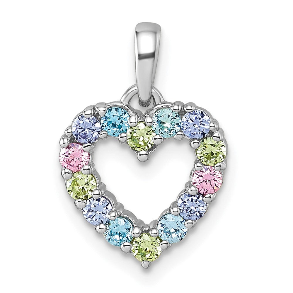 Sterling Silver Rhodium-Plated Multi Color CZ Heart Pendant
