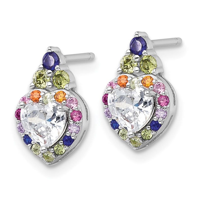 Sterling Silver Rhodium Plated Polished Multicolor CZ Heart Post Earrings