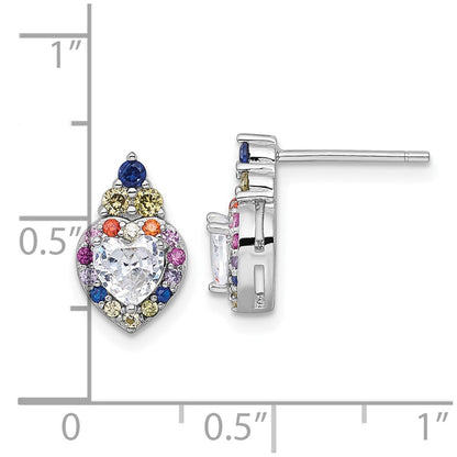 Sterling Silver Rhodium Plated Polished Multicolor CZ Heart Post Earrings
