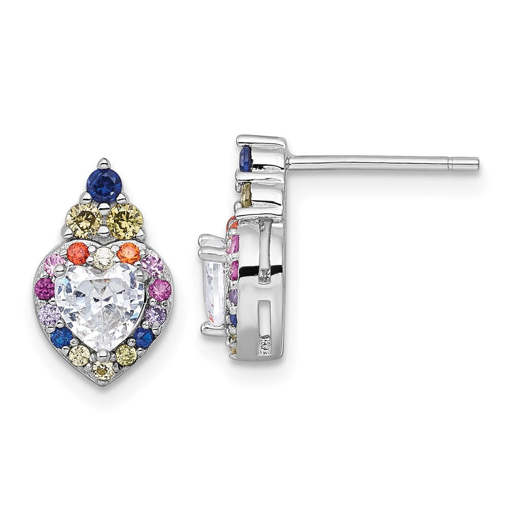 Sterling Silver Rhodium Plated Polished Multicolor CZ Heart Post Earrings
