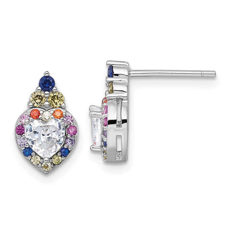 Sterling Silver Rhodium Plated Polished Multicolor CZ Heart Post Earrings