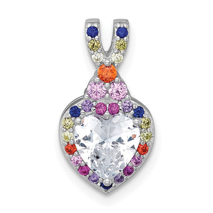 Sterling Silver Rh-Plt Polished Multicolor CZ Heart Chain Slide Pendant