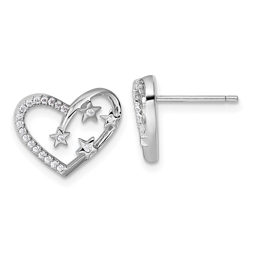 Sterling Silver Rhodium-Plated CZ Heart with Stars Post Earrings