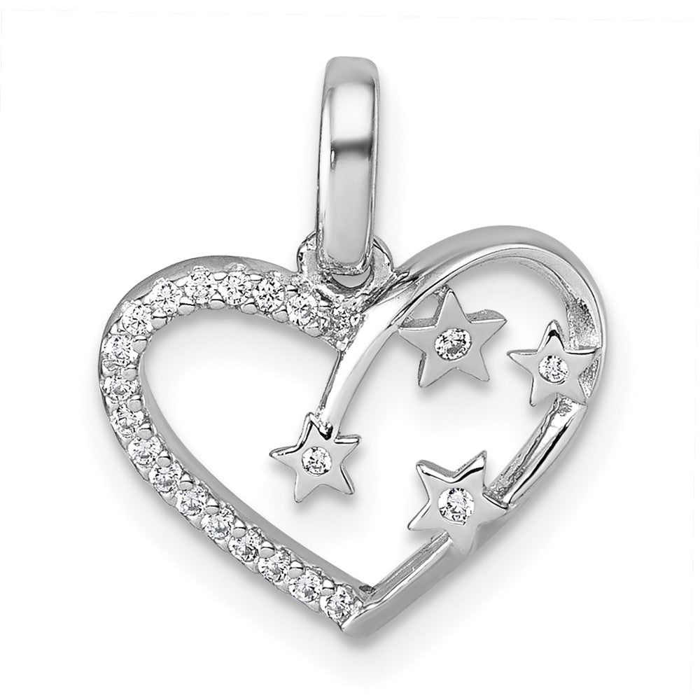 Sterling Silver Rhodium-Plated CZ Heart with Stars Pendant