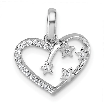 Sterling Silver Rhodium-Plated CZ Heart with Stars Pendant