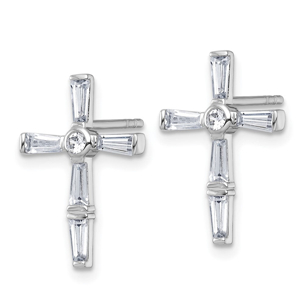 Sterling Silver Rhodium-Plated Polished White CZ Cross Post Earrings