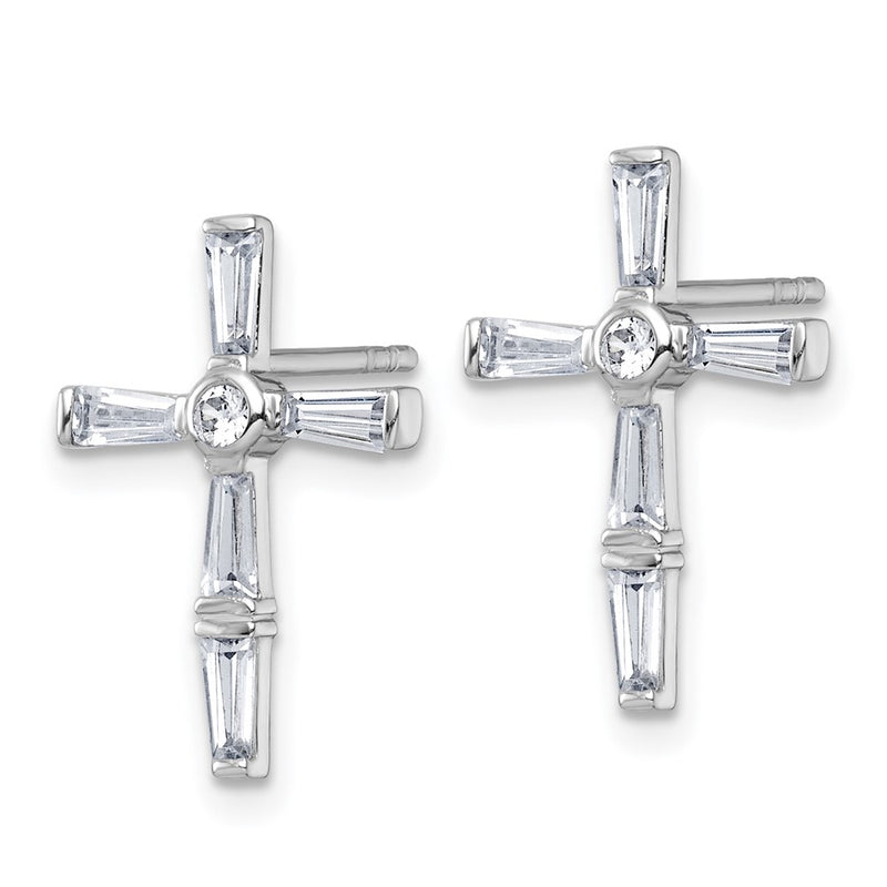 Sterling Silver Rhodium-Plated Polished White CZ Cross Post Earrings