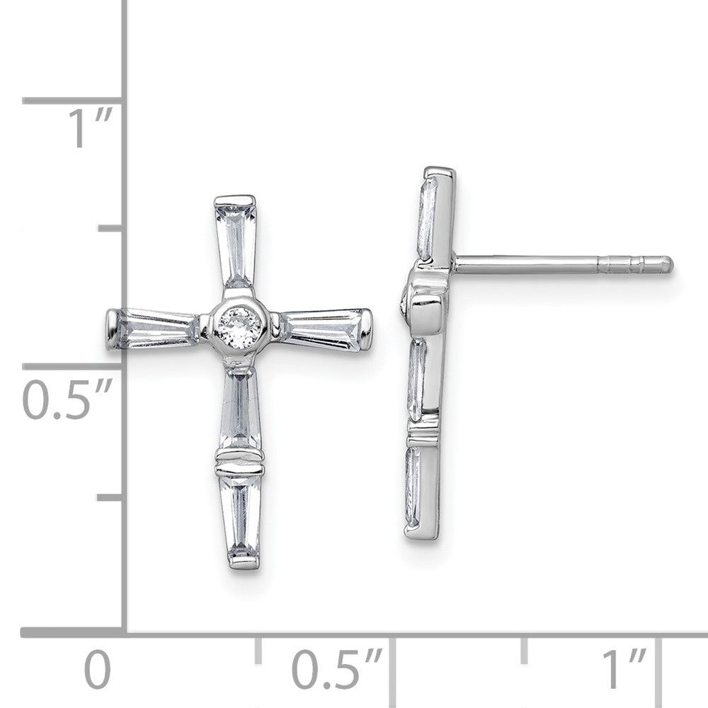 Sterling Silver Rhodium-Plated Polished White CZ Cross Post Earrings