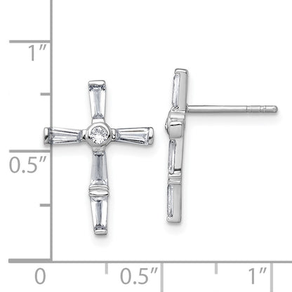 Sterling Silver Rhodium-Plated Polished White CZ Cross Post Earrings