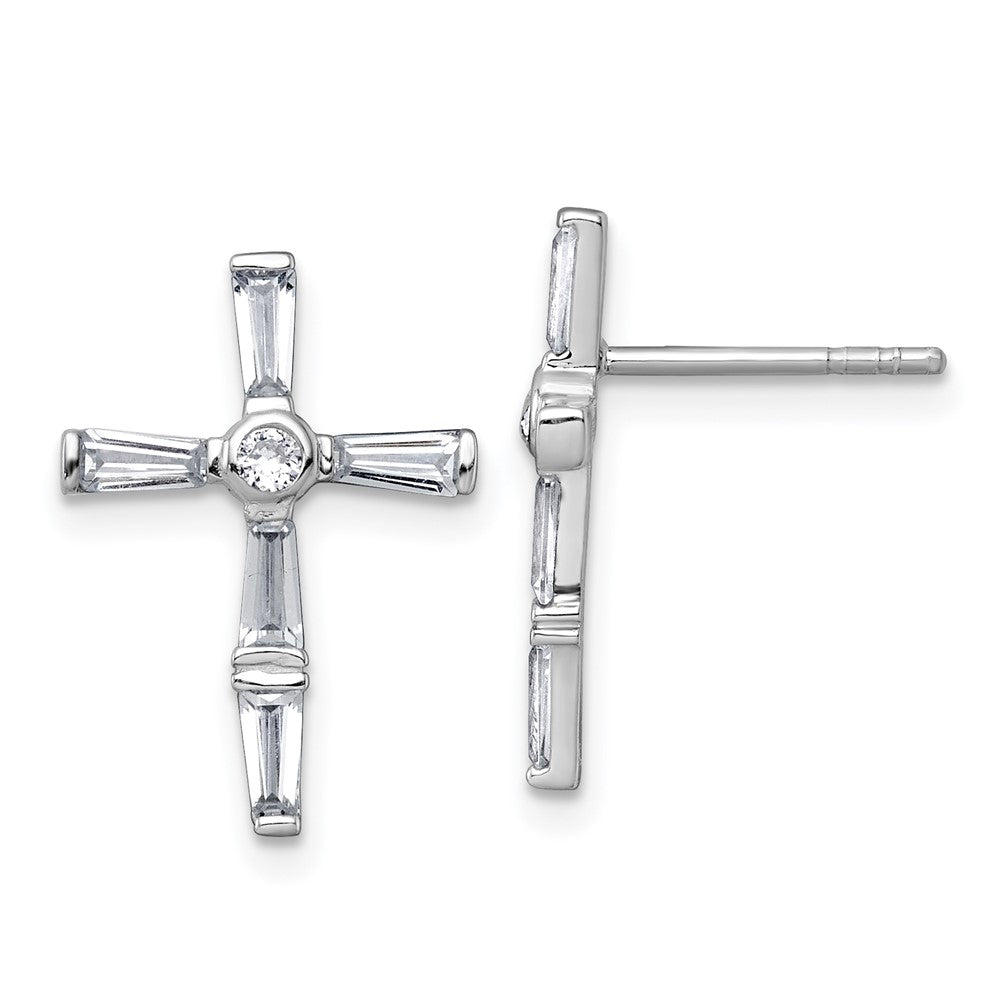 Sterling Silver Rhodium-Plated Polished White CZ Cross Post Earrings