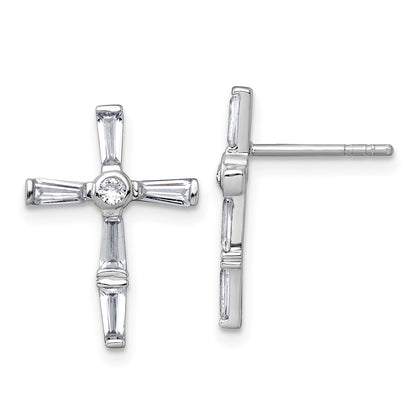 Sterling Silver Rhodium-Plated Polished White CZ Cross Post Earrings