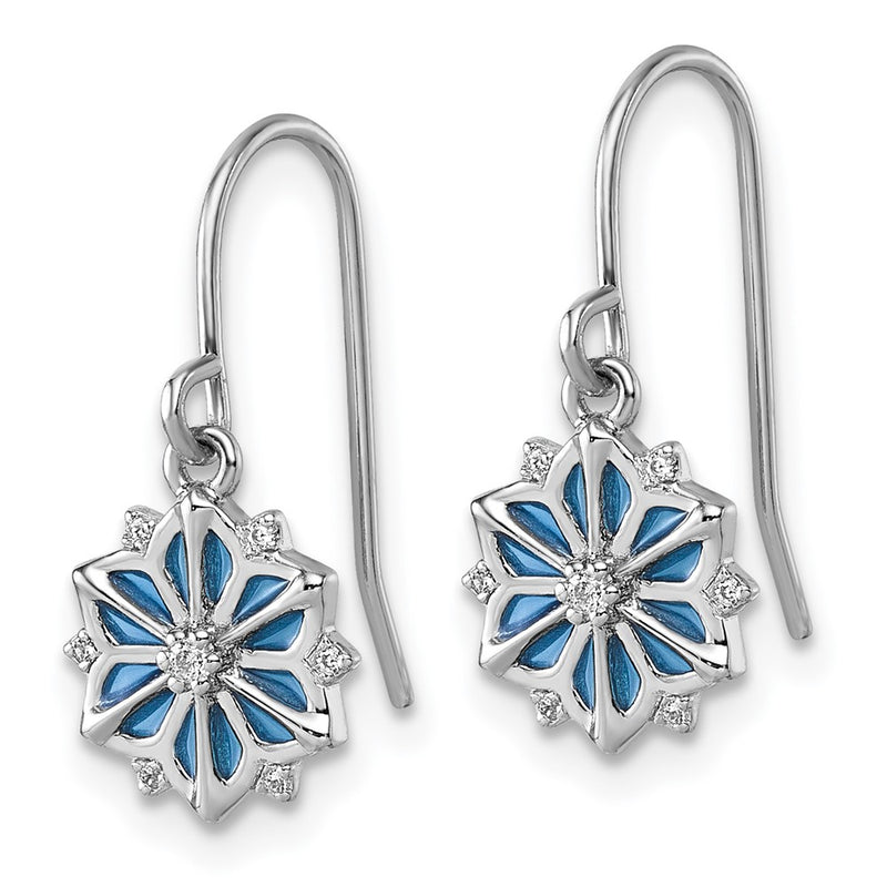 Sterling Silver Rhodium Plated Blue Enamel & White CZ Dangle Earrings