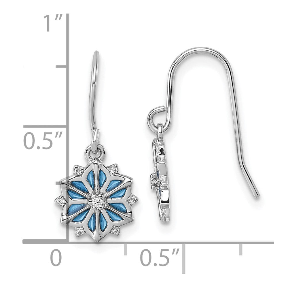 Sterling Silver Rhodium Plated Blue Enamel & White CZ Dangle Earrings