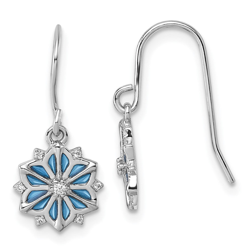 Sterling Silver Rhodium Plated Blue Enamel & White CZ Dangle Earrings