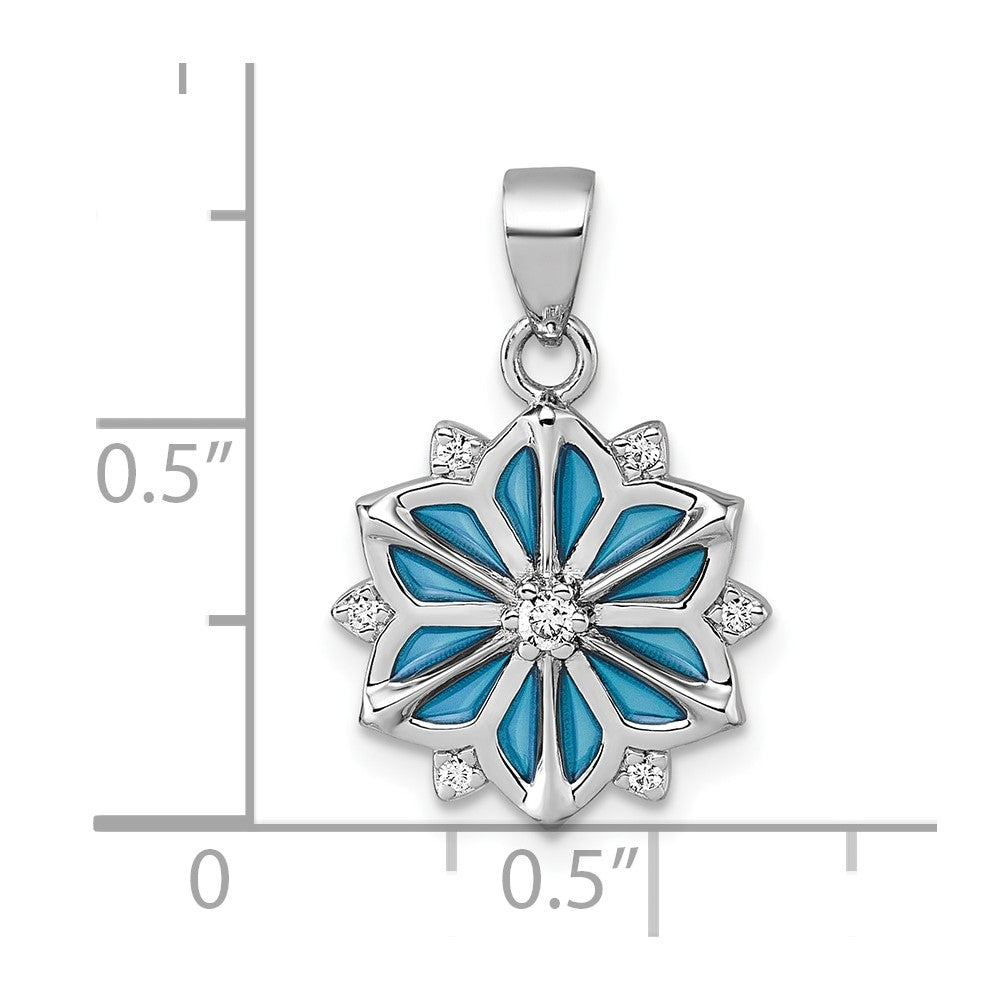 Sterling Silver Rhodium-Plated Blue Enamel & White CZ Pendant