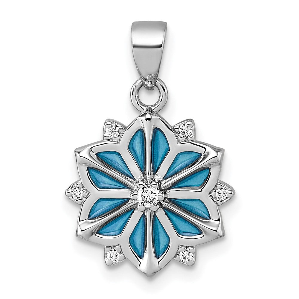 Sterling Silver Rhodium-Plated Blue Enamel & White CZ Pendant