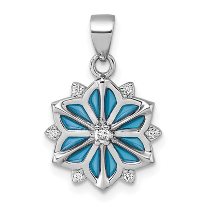 Sterling Silver Rhodium-Plated Blue Enamel & White CZ Pendant