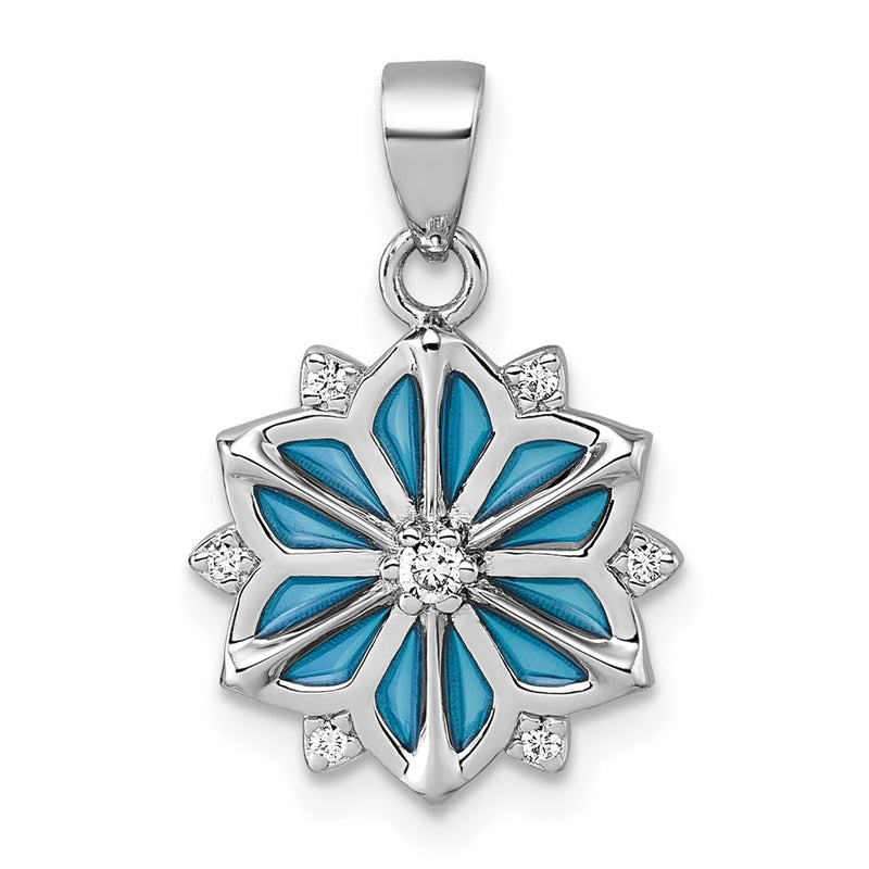 Sterling Silver Rhodium-Plated Blue Enamel & White CZ Pendant