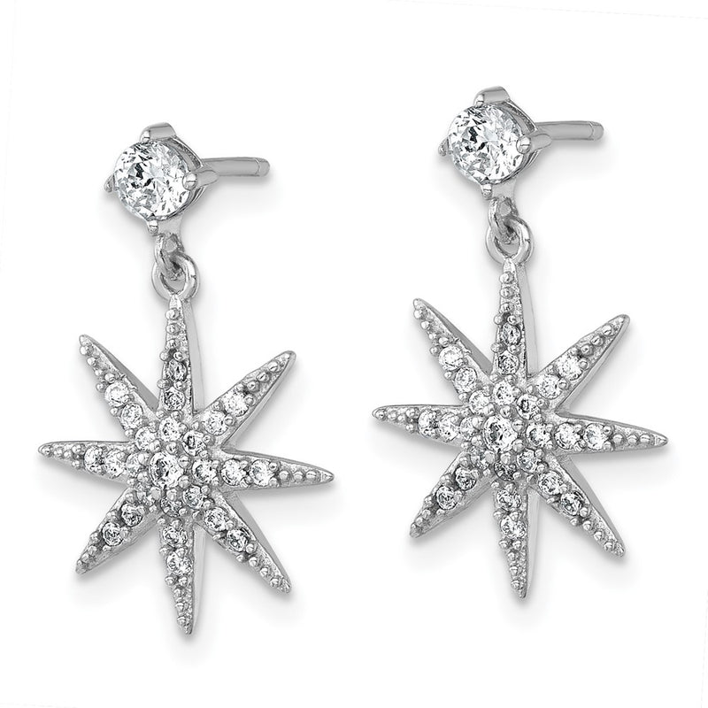 Sterling Silver Rhodium-Plated Polished CZ Star Post Dangle Earrings