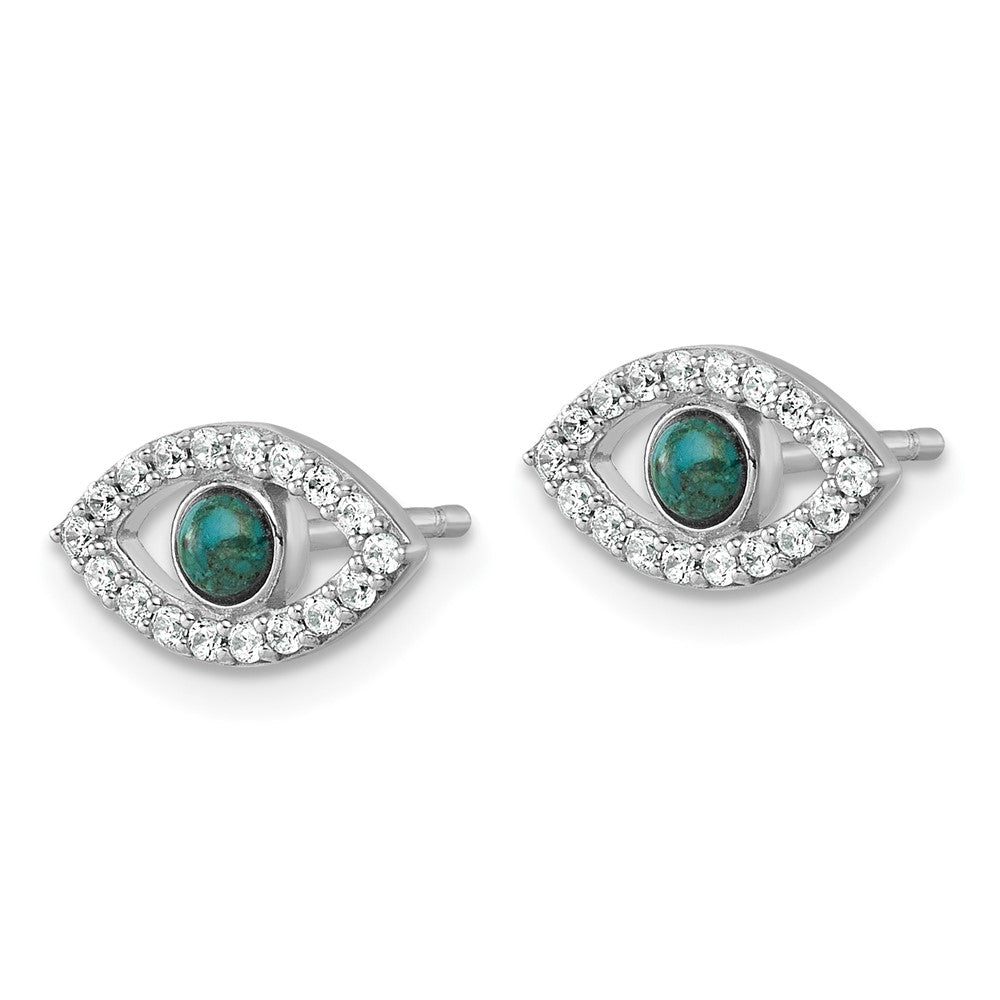 Sterling Silver Rhodium Plated CZ Compressed Turquoise Evil Eye Post Earrings