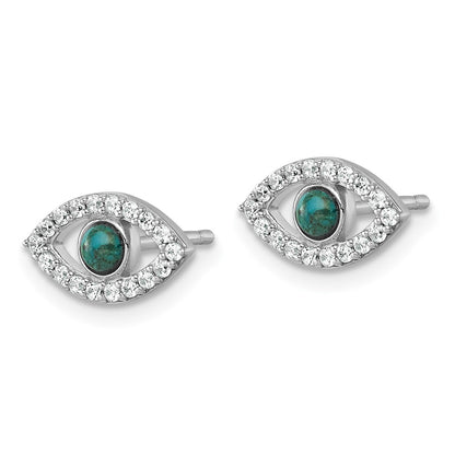 Sterling Silver Rhodium Plated CZ Compressed Turquoise Evil Eye Post Earrings