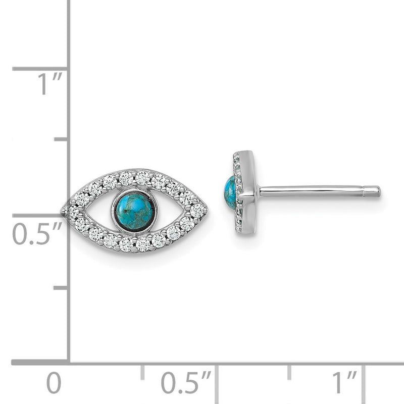 Sterling Silver Rhodium Plated CZ Compressed Turquoise Evil Eye Post Earrings