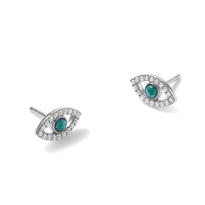 Sterling Silver Rhodium Plated CZ Compressed Turquoise Evil Eye Post Earrings