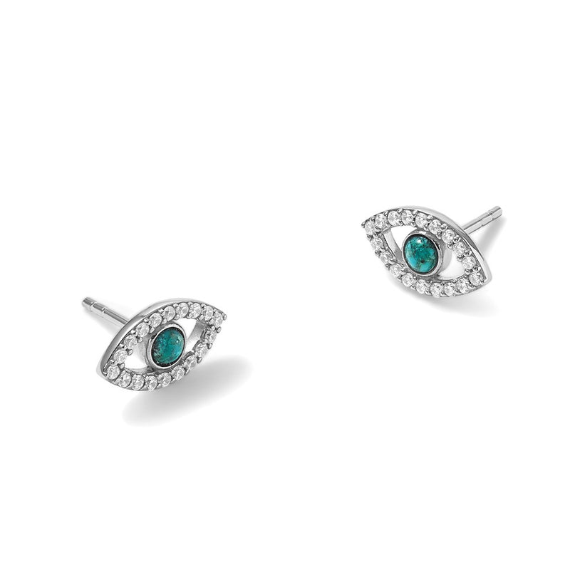 Sterling Silver Rhodium Plated CZ Compressed Turquoise Evil Eye Post Earrings