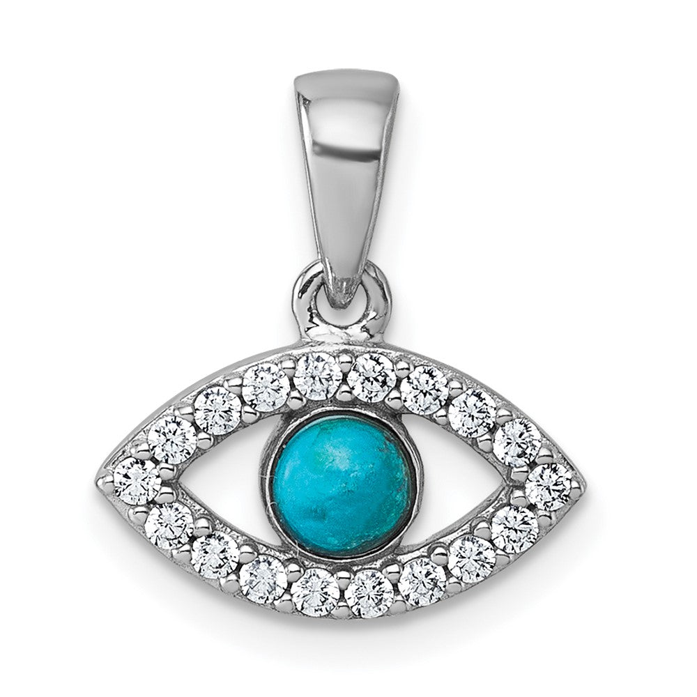 Sterling Silver Rhodium Plated CZ and Compressed Turquoise Evil Eye Pendant