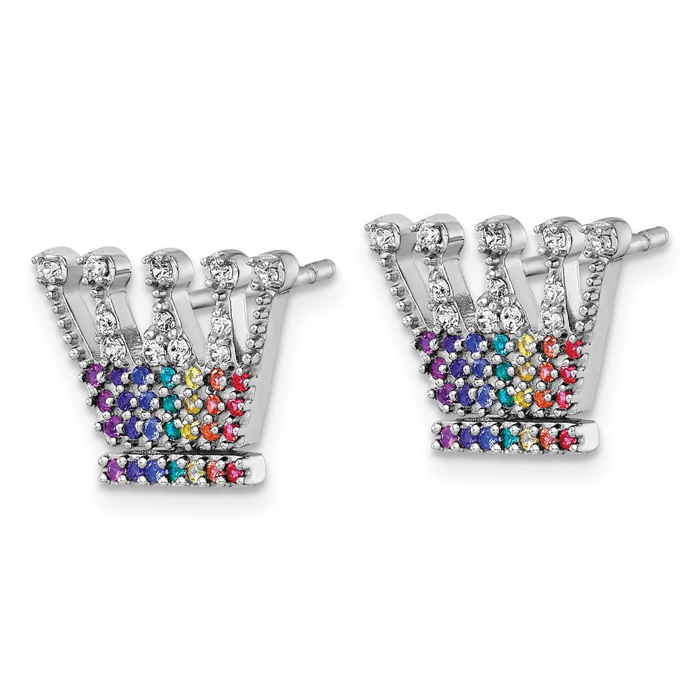 Sterling Silver Rhodium Plated Multi Color Nano Crystals Crown Post Earrings