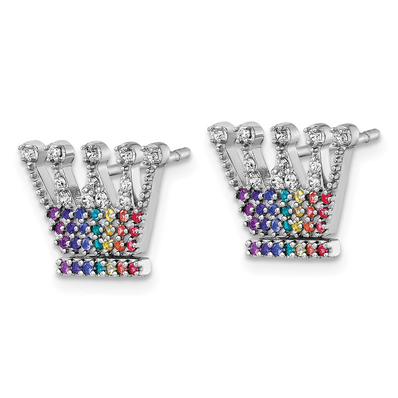 Sterling Silver Rhodium Plated Multi Color Nano Crystals Crown Post Earrings