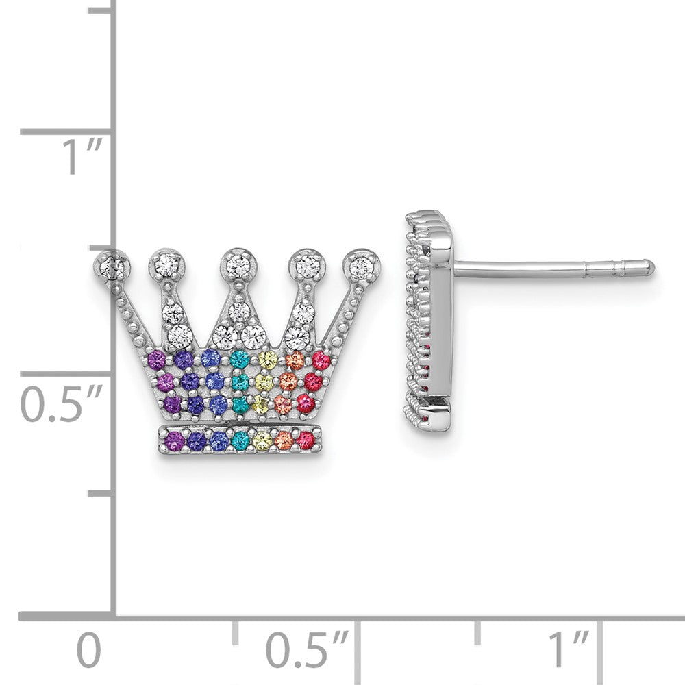 Sterling Silver Rhodium Plated Multi Color Nano Crystals Crown Post Earrings