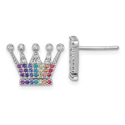 Sterling Silver Rhodium Plated Multi Color Nano Crystals Crown Post Earrings