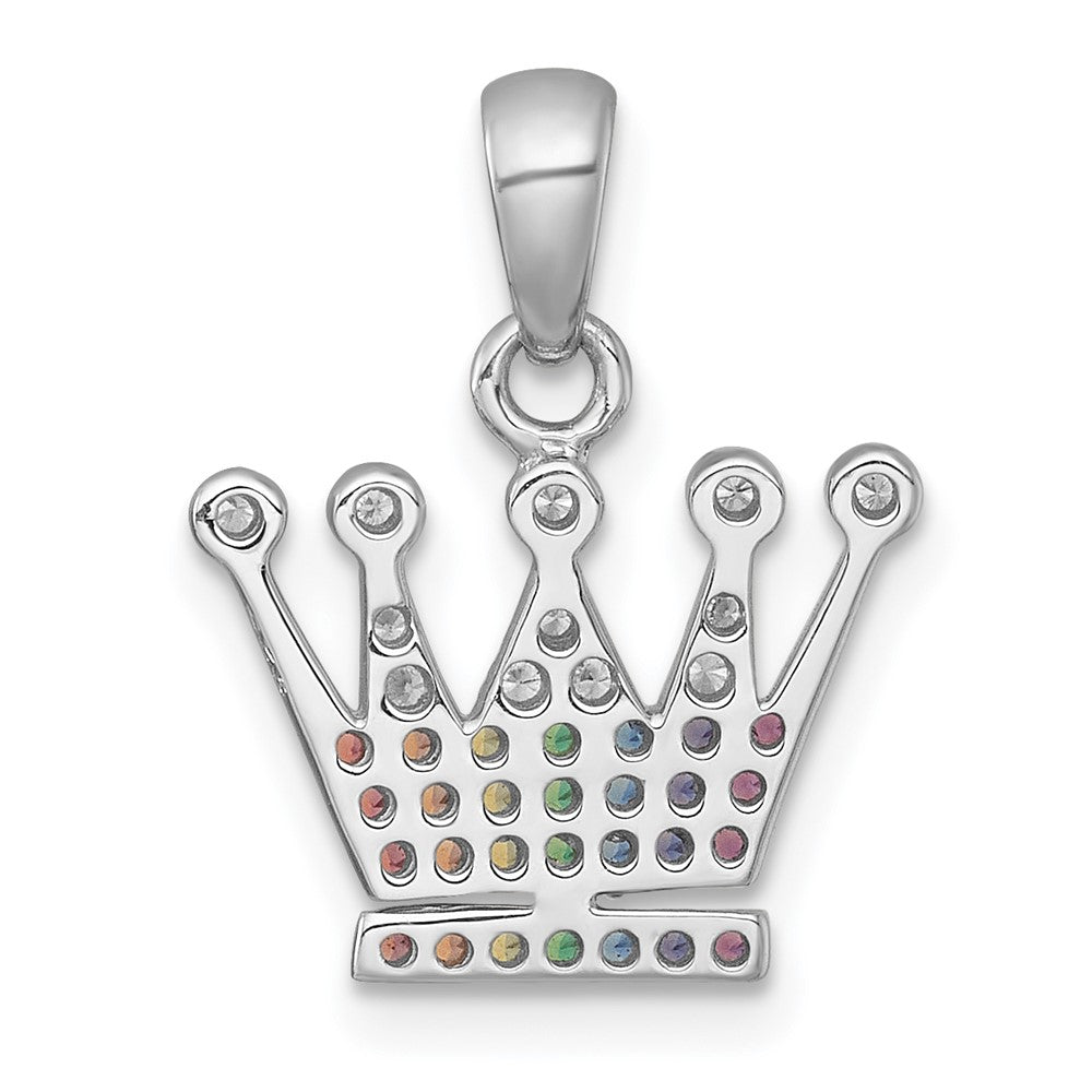 Sterling Silver Rhodium Plated Polished Multi Color Nano Crystals Crown Pendant