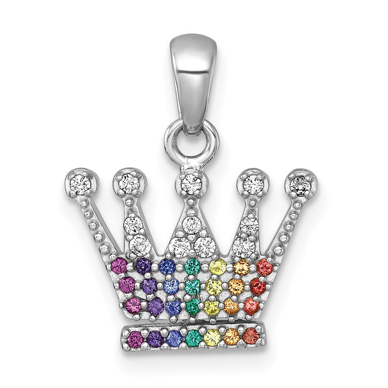 Sterling Silver Rhodium Plated Polished Multi Color Nano Crystals Crown Pendant