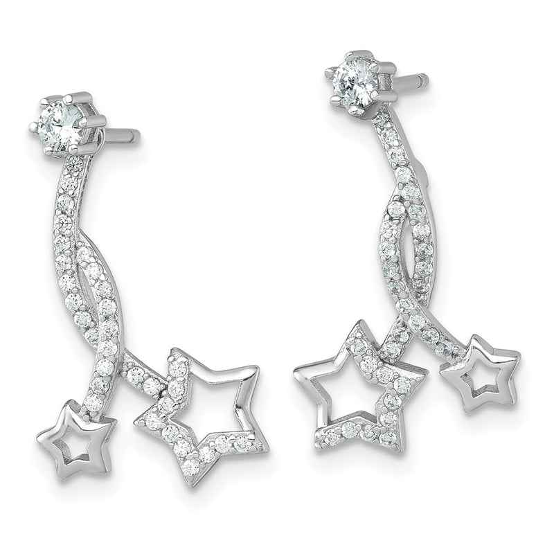 Sterling Silver Rh-Pltd Polished CZ Stud W/ Removeable Stars Jacket Earrings