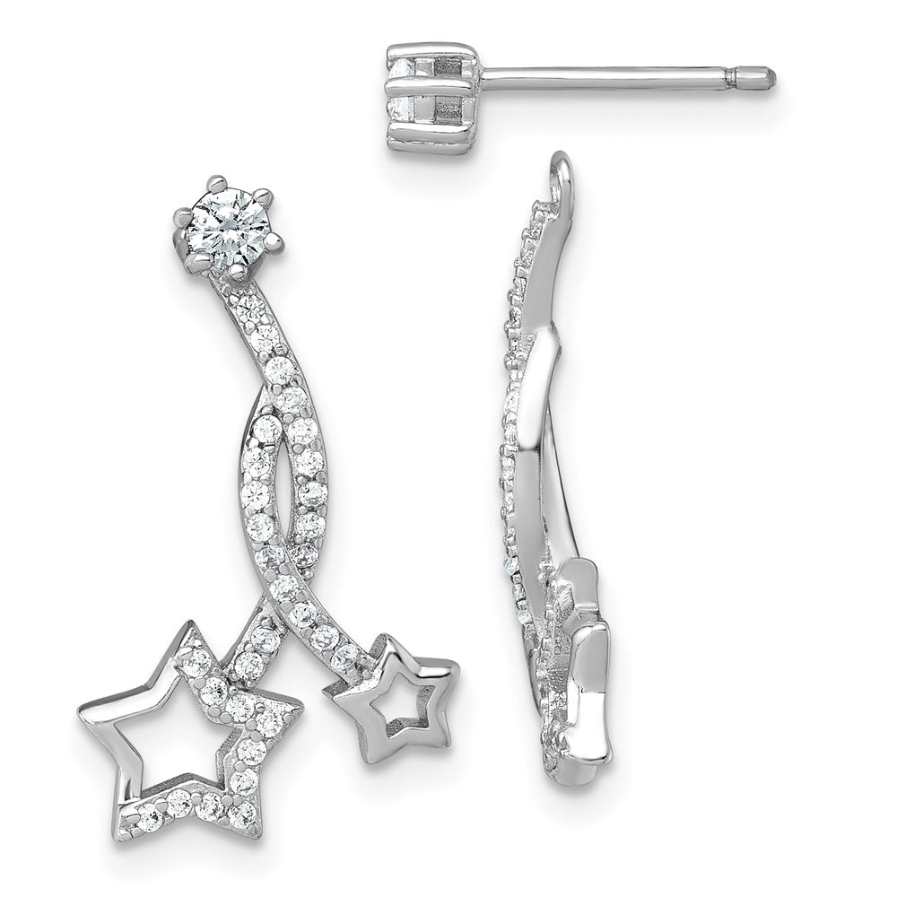 Sterling Silver Rh-Pltd Polished CZ Stud W/ Removeable Stars Jacket Earrings