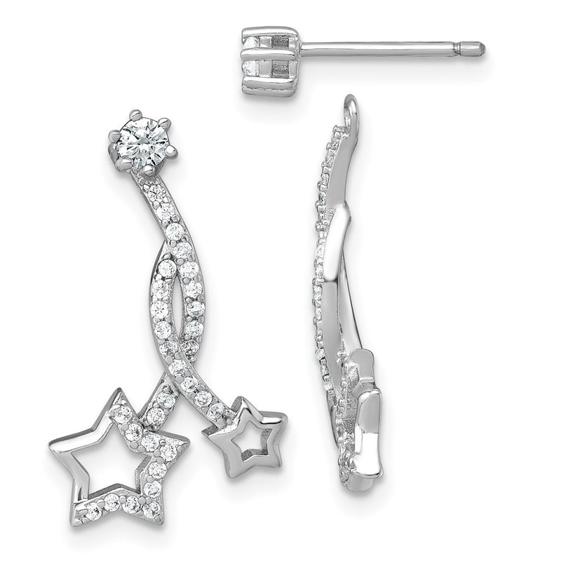 Sterling Silver Rh-Pltd Polished CZ Stud W/ Removeable Stars Jacket Earrings
