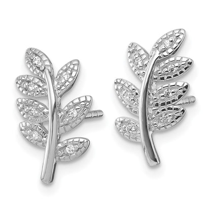Sterling Silver Rhodium-Plated Polished CZ Leaf Post Earrings