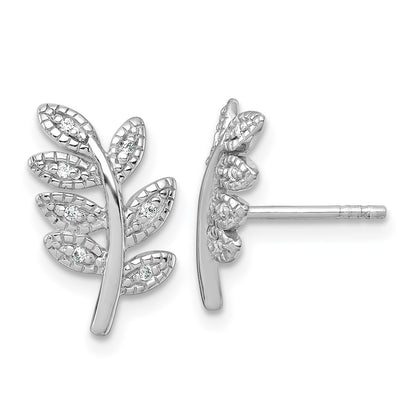 Sterling Silver Rhodium-Plated Polished CZ Leaf Post Earrings