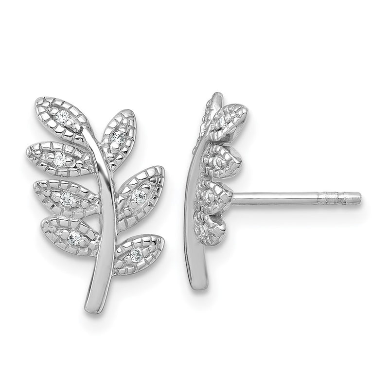 Sterling Silver Rhodium-Plated Polished CZ Leaf Post Earrings
