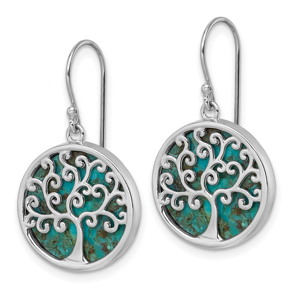 Sterling Silver Rhodium Plated Compressed Turquoise Tree of Life Earrings