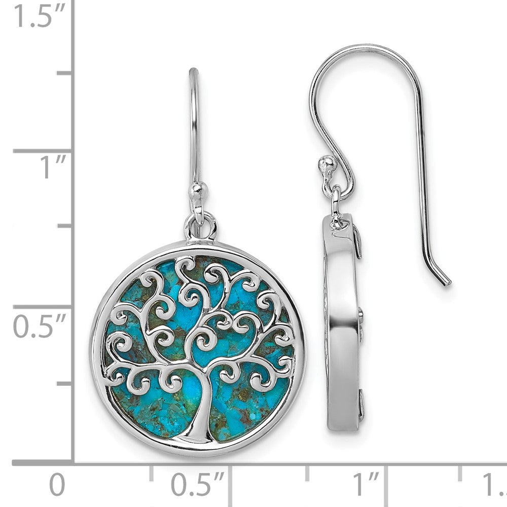 Sterling Silver Rhodium Plated Compressed Turquoise Tree of Life Earrings