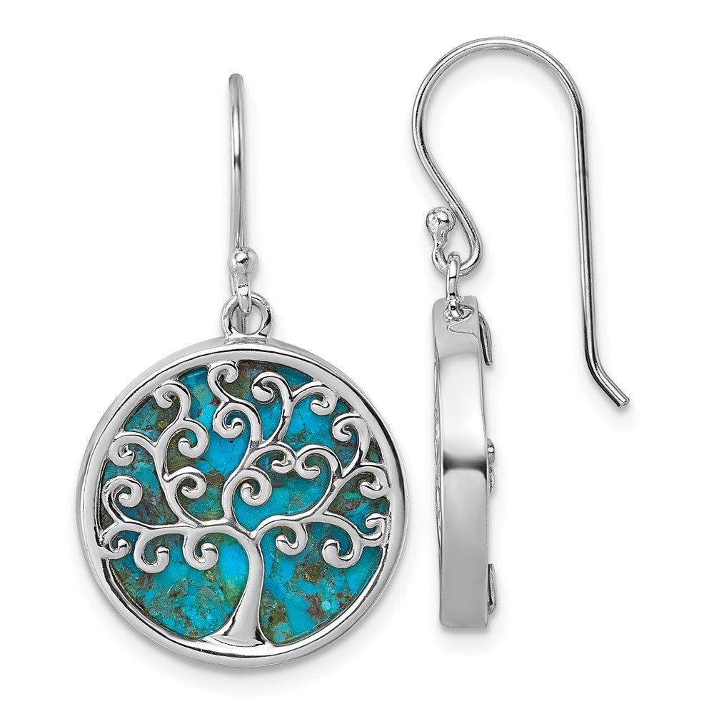 Sterling Silver Rhodium Plated Compressed Turquoise Tree of Life Earrings