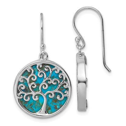 Sterling Silver Rhodium Plated Compressed Turquoise Tree of Life Earrings