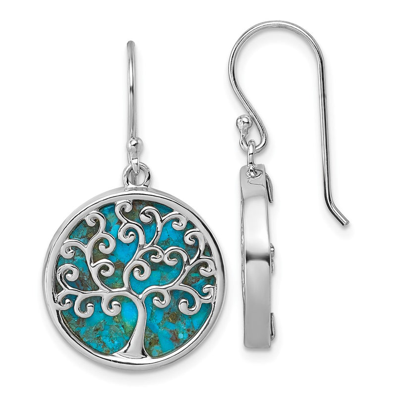 Sterling Silver Rhodium Plated Compressed Turquoise Tree of Life Earrings