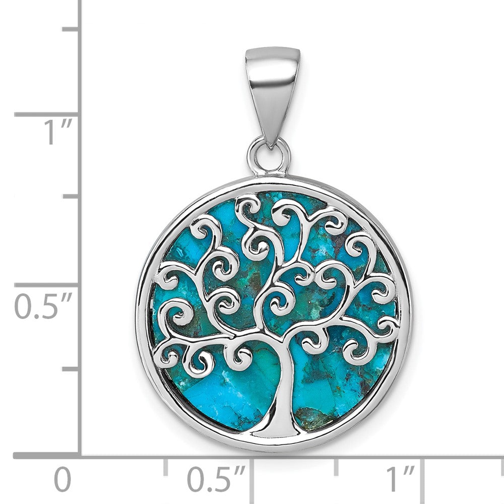 Sterling Silver Rhodium Plated Compressed Turquoise Tree of Life Pendant